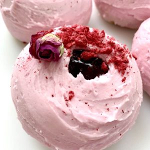Raspberry rose close up vegan gluten-free doughnut treat